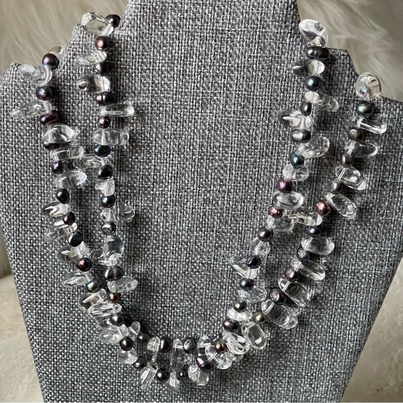 Rock Crystal Gemstones Black Rainbow Freshwater Pearls Two Strand 17"  Necklace - Picture 2 of 13